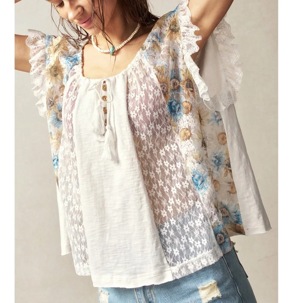 Boho Floral Print Button Detail Lace Ruffle Sleeve Cotton Top - Picture 2 of 6